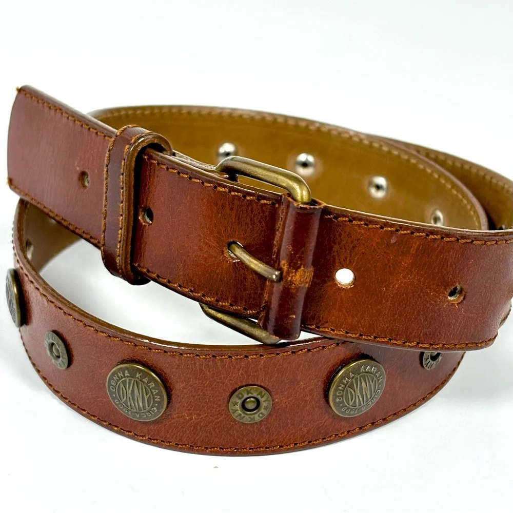 DKNY Leather Riveted Logo Belt Brown Brass‎ Vintage Size Small